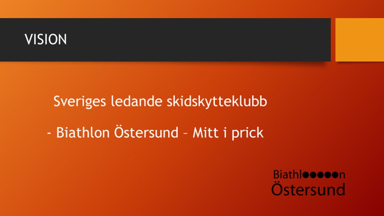 Orange bild med texten Sveriges ledande skidskytteklubb Biathlon Östersund mitt i prick
